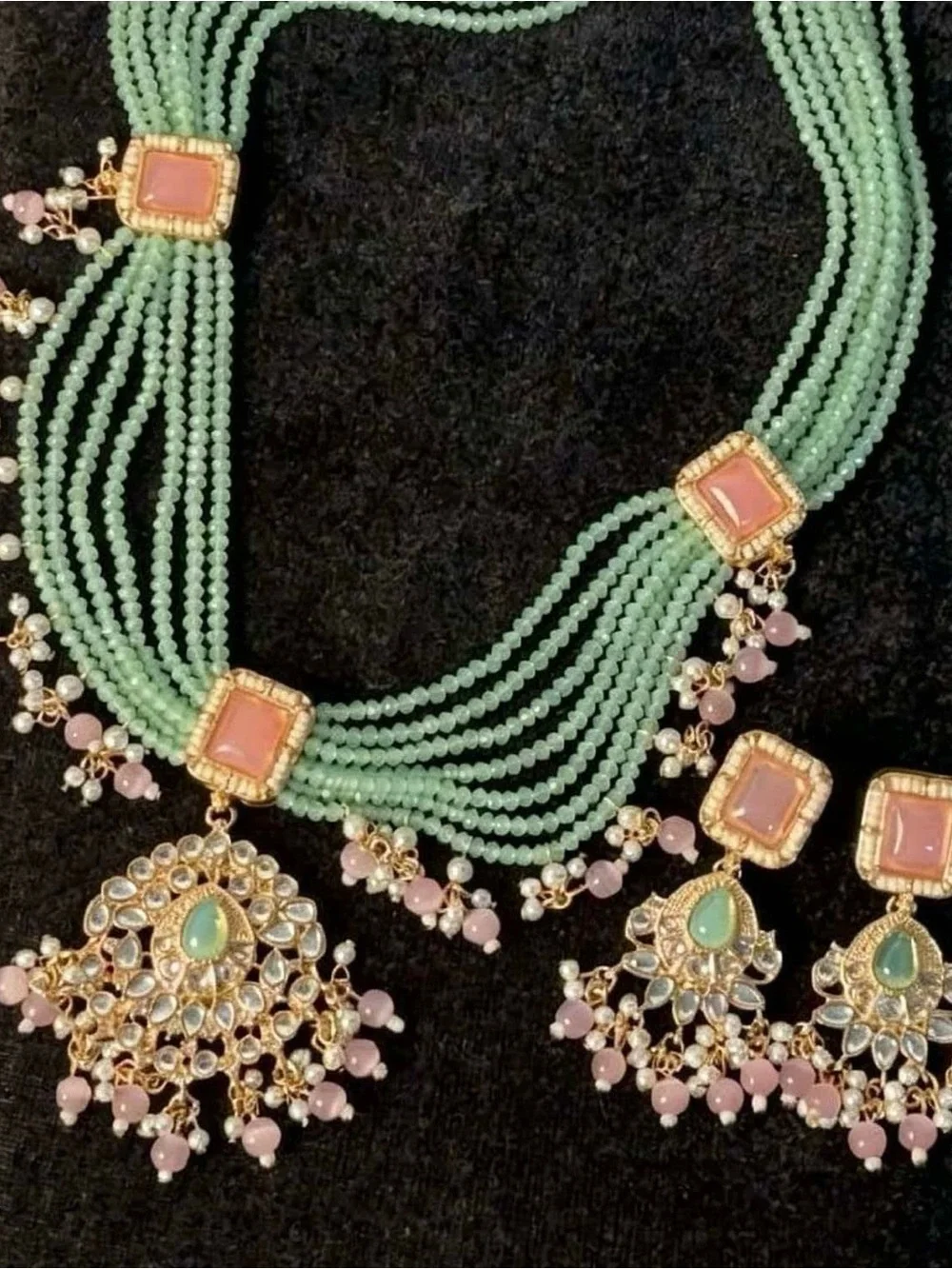 Gold-Tone Mint and Pink Multi-Strand Statement Necklace with Matching Earrings
